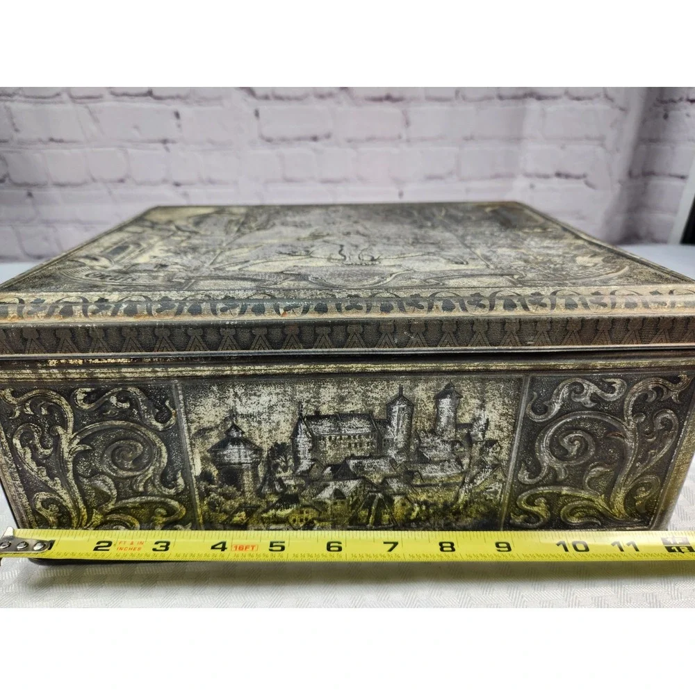 Vintage German Silver Tin Biscuit Box Knight Jousting Castles Horse History
